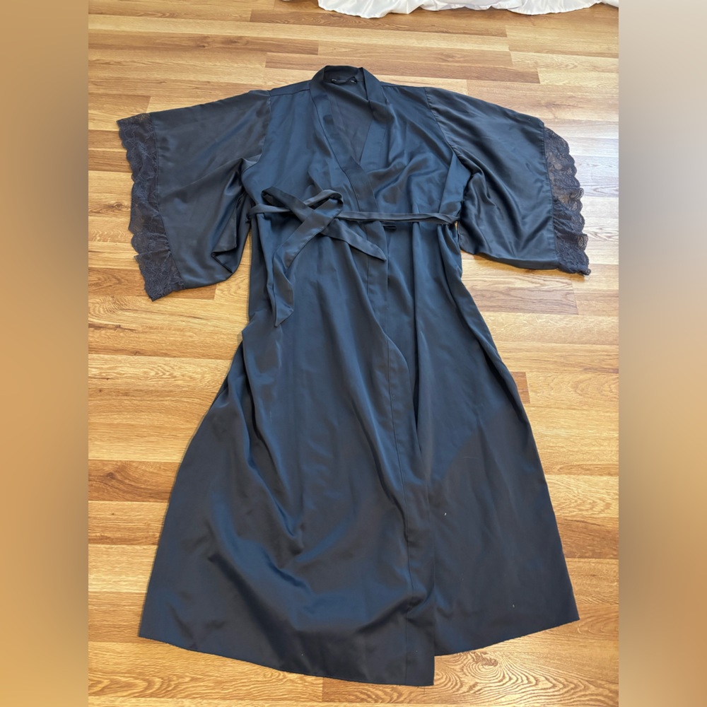 Gray Satin Robe Lace Trim